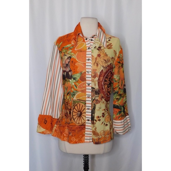 Save The Queen Tops - SAVE THE QUEEN Patchwork Stripe Snap Front Collared Top Blouse Colorful Large